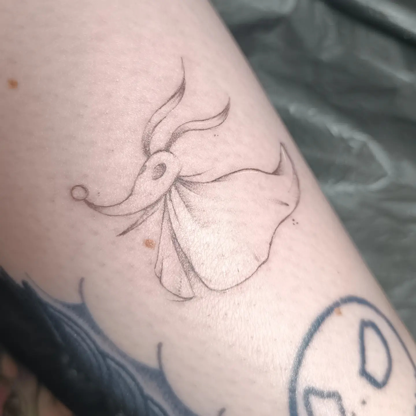 Tatouage fine line d’un esprit fantomatique à longue traîne, sur l’avant-bras, par Sophie Guiot